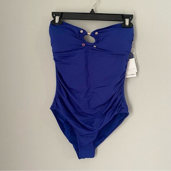 Calvin Klein Women's Standard Blue Bandeau One Piece Swimsuit Removable Straps 6 - Picture 1 of 3